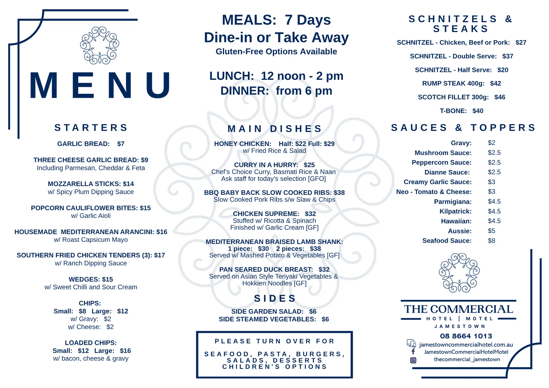 Jamestown Commercial Hotel Menu 240726 Front